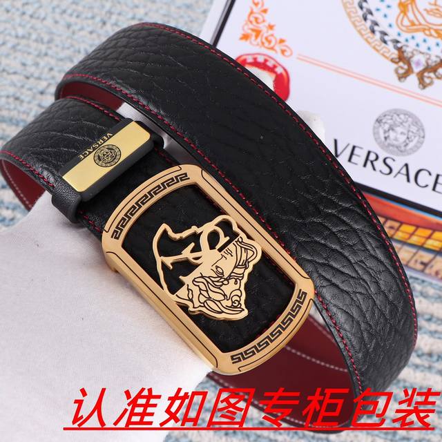 品名：Versace.范思哲原单 材料：百分百头层牛皮，保证真皮。24K纯钢扣双面可用专柜同等质量， 送人自用首选 包装： 请认准如图专柜包装，赠送打孔器，银联
