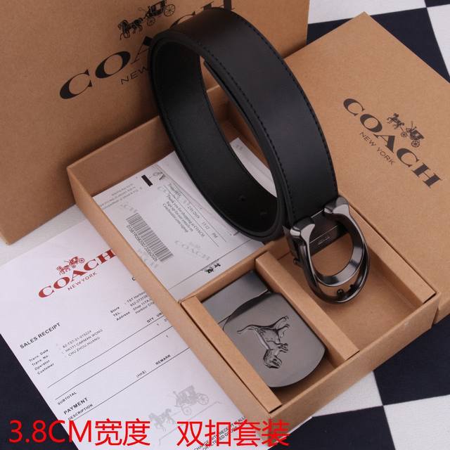 一带一扣 一带双扣 蔻驰coach 男款 牛皮 马车夫印花配c扣，太洋气了 蔻驰男士腰带礼盒，可自由截取长短、双面双色，配2个的扣头 买一盒等于4条皮带。 送礼