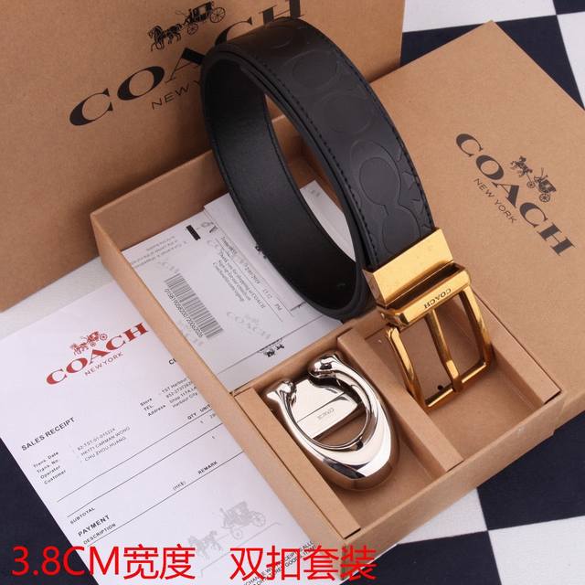 一带一扣 一带双扣 蔻驰coach 男款 牛皮 马车夫印花配c扣，太洋气了 蔻驰男士腰带礼盒，可自由截取长短、双面双色，配2个的扣头 买一盒等于4条皮带。 送礼