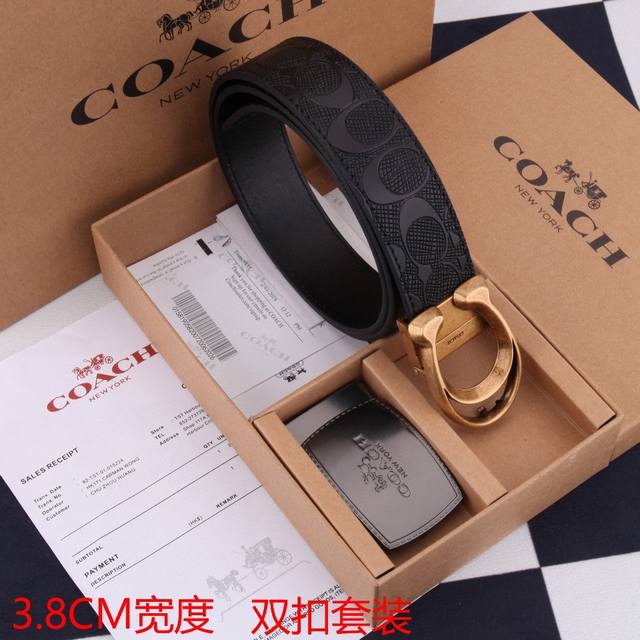 一带一扣 一带双扣 蔻驰coach 男款 牛皮 马车夫印花配c扣，太洋气了 蔻驰男士腰带礼盒，可自由截取长短、双面双色，配2个的扣头 买一盒等于4条皮带。 送礼