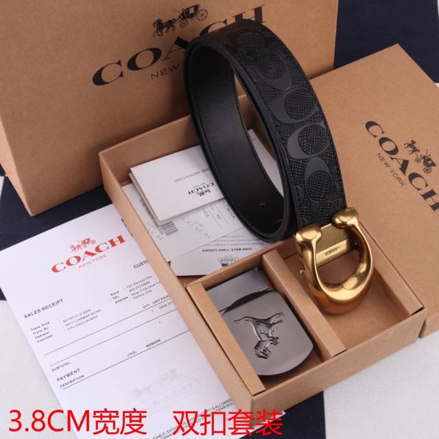一带一扣 一带双扣 蔻驰coach 男款 牛皮 马车夫印花配c扣，太洋气了 蔻驰男士腰带礼盒，可自由截取长短、双面双色，配2个的扣头 买一盒等于4条皮带。 送礼