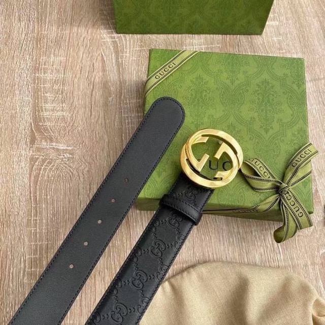 Gucci 经典全皮压花，专柜新版logo横标，原版进口南非皮底，精品双g钢扣 高端品质，不惧对比，宽度：40Mm