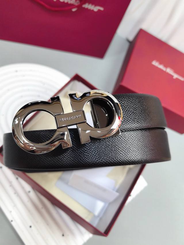 配正版包装菲拉格慕官网同步新款，原单镀钯精品扣，定制牛皮，双面带身皮纹质感柔软，请看图片认细节，品质保真，宽度3.4Cm 高清实拍大图