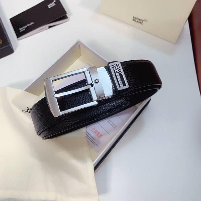 配正版包装，万宝龙针扣系列，顶级原厂皮，整张皮料切割制作，非常厚实饱满，精品镀钯针扣，正版同步， 皮纹清晰质感舒适 版型时尚高档 宽度3.4 Cm 高清实拍大图