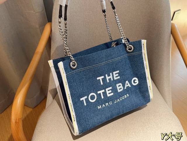 大号 无盒 Marc Jacobs Tote Mj 丹宁牛仔链条托特包 尺寸34×26×14