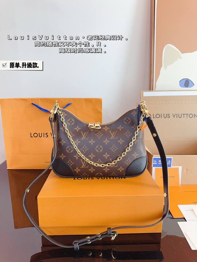 配礼盒. Lv 2024新款boulogne牛角包 拉链 老花 皮肩带 轻便 大容量▼ 斜挎 单肩 腋下 手提 一包四背，链条点8和肩带都可拆卸 刚拿到有点压扁