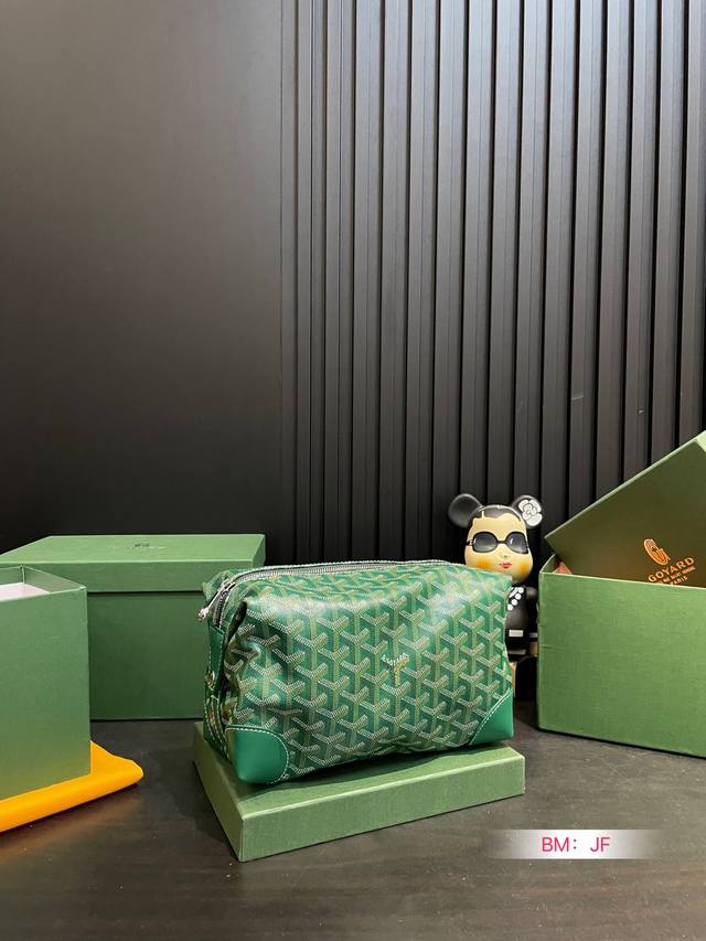 配盒 Goyard 戈雅 Bowling 25Y字老花满印拉链开合 帆布拼皮 手拿包化妆包 洗漱包男女同款情侣款 原厂面料 激光雕刻五金 高货品质 配送防尘袋