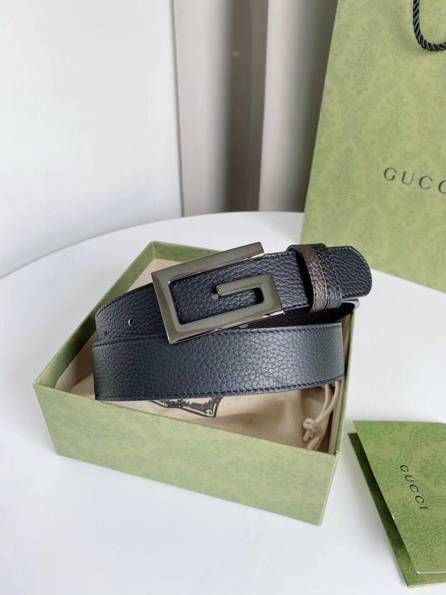 Gucci 原单腰带，双面可用进口牛皮，转动精品五金扣头，宽度3.5Cm