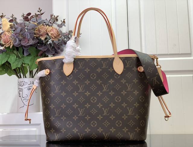 顶级原单 特惠 Neverfull Bandouliere Inside Out中号手袋 M12257老花 玫红 M11947老花 黄 M12096老花 红 双