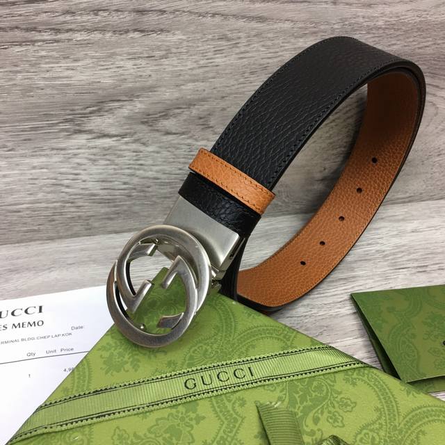 Gucci -双面意大利进口头层荔枝纹牛皮，搭配真空电镀仿古银旋转扣，经典款式，专柜有售，市场顶级品质，支持验货 配送全套专柜包装，宽度 3.7Cm