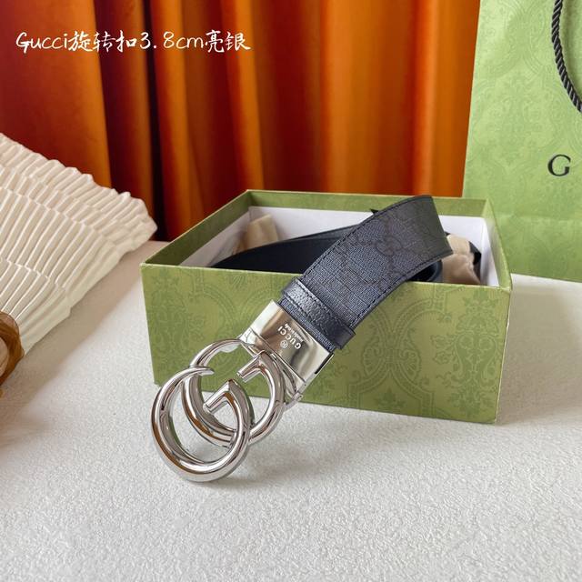 Gucci -意大利进口专柜专用印花帆布配猪皮纹底，搭配真空电镀亮面旋转纯铜扣，官网新款，专柜有售，市场顶级品质，支持验货 配送全套专柜包装，宽度 3.8Cm