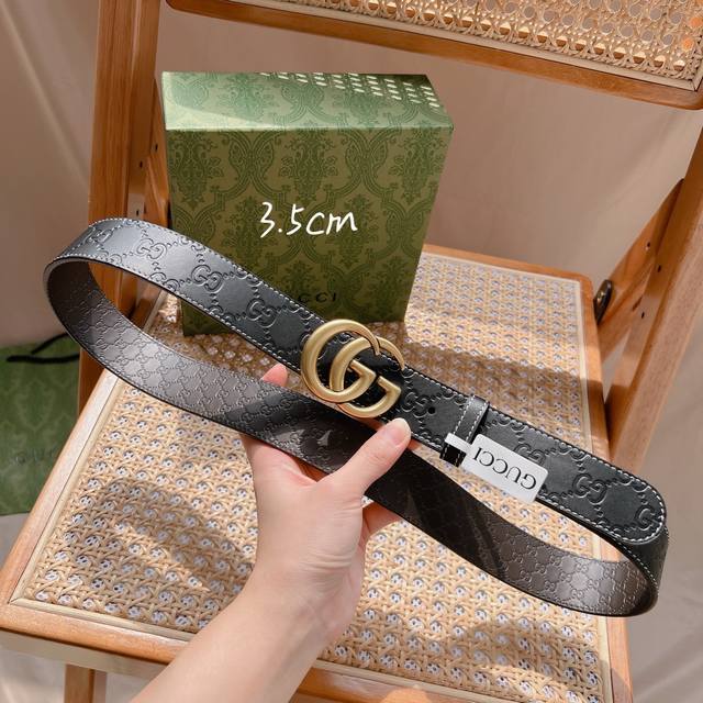 Gucci -双面意大利进口头层压花小牛皮，搭配真空电镀仿古铜扣，官网新款，专柜有售，市场顶级品质，支持验货 配送全套专柜包装，宽度 3.5Cm