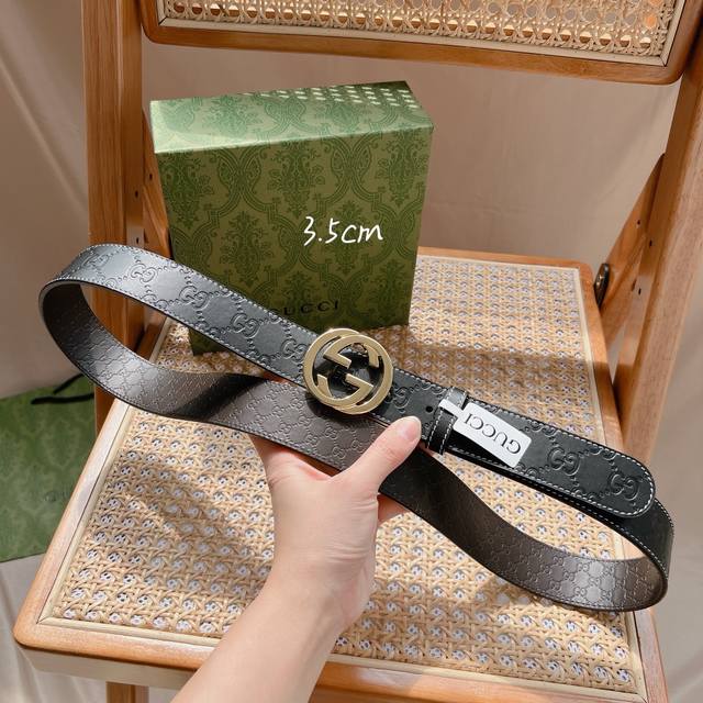 Gucci -双面意大利进口头层压花小牛皮，搭配真空电镀亮面旋转纯铜扣，官网新款，专柜有售，市场顶级品质，支持验货 配送全套专柜包装，宽度 3.5Cm