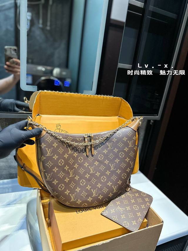 礼盒包装 Lv路易威登 秀款大豌豆包月亮包 Hobo Loop单肩斜挎老花 尺寸37.9.25