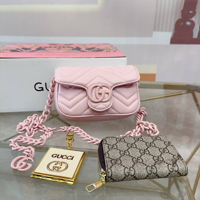 折叠礼盒飞机盒 Gucci酷奇双g链条包 马卡龙 Gucci马蒙marmont 配卡包+小镜子 尺寸16.4.9 Q D