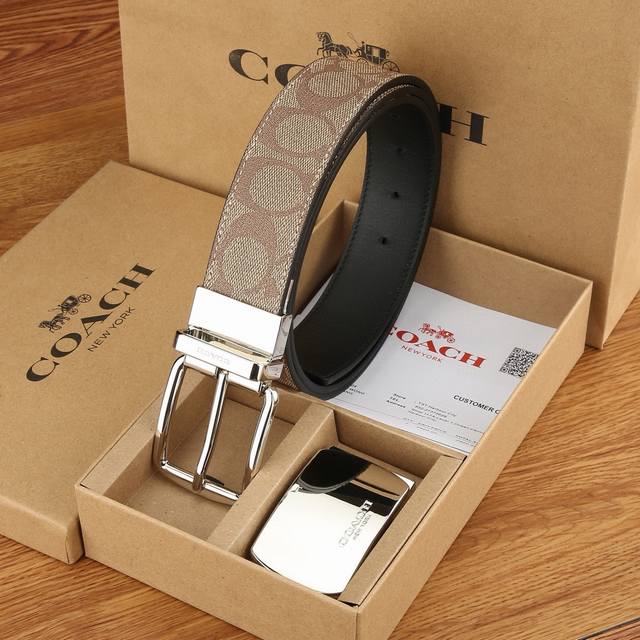 一条带一个扣 一条带两个扣 礼物原单货---[飞吻]Coach 蔻驰皮带 双面男士腰带双扣礼盒装皮带，双面都可以用，精致原版扣，宽度3.5Cm私密渠道！专柜原单