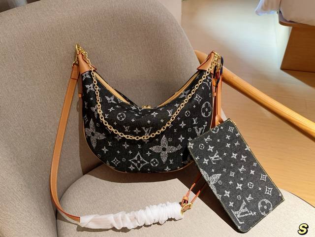 Lv路易威登 牛仔系列大豌豆包月亮包 Hobo Loop单肩斜挎牛仔布料 尺寸38×24 礼盒包装