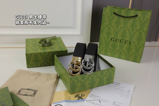 配盒手提袋 Gucci古驰 双g双面板扣 皮带 男款 新款 Gucci古琦男士经典百搭腰带 Gucci古琦小牛皮男士腰带采用热压制作， 以获得野猪皮效果， 营造