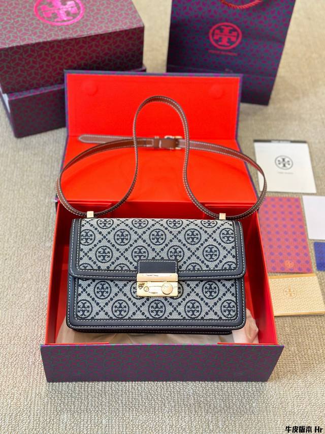 牛皮版本 原单品质 Tory Burch新款tb女包帆布老花斜挎风琴包双t单肩小方包 23 16Cm