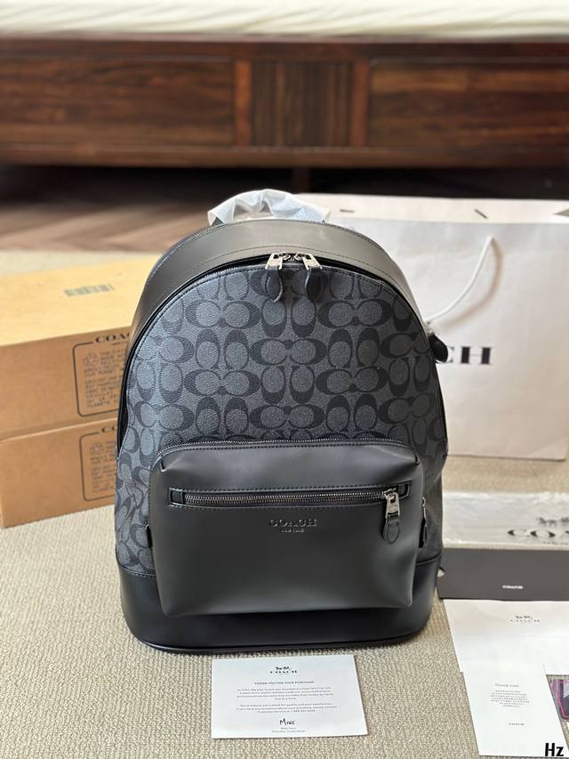 蔻驰 Coach West 35 黑色老花拼色双肩包 全身配皮 男女同款大号双肩包 全黑经典设计 经典百搭 性价比超高 入门级的经典包款 尺寸33 42Cm