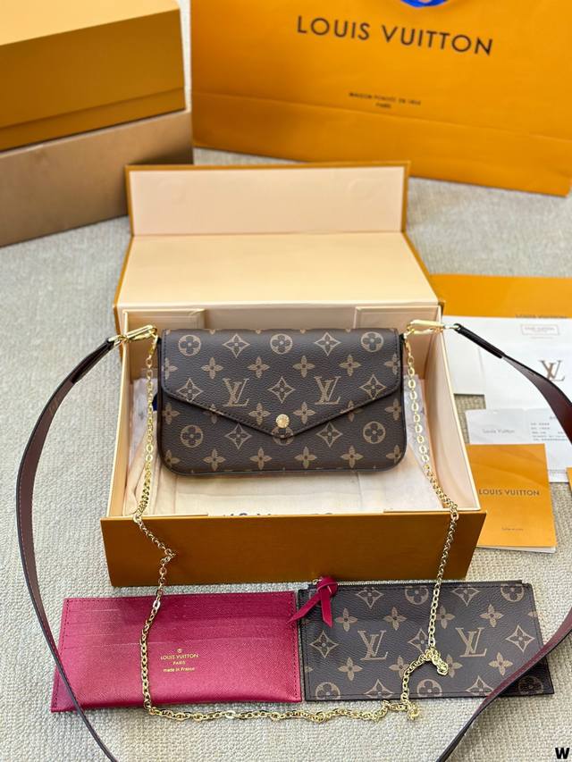牛皮版本 升级版 赠送专柜宽肩带 Lv 路易威登2024新款新款女士pochette Félicie 可拆卸金属链条包 买一得三的好事再次发生了 这款三合一链条