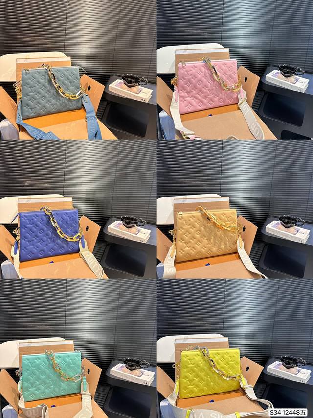 配飞机盒折叠盒子 Lv 走秀新款cousin 时尚博主必备单品，Lv独有的亮金色金属，作为本次设计的肩带粗链条，抓眼球效果非常到位，肩带可拆卸变成手包，妥妥的凹