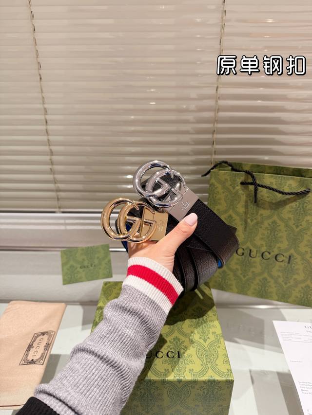钢扣 高版本！腰带gucci牛皮皮带～热门款 男女通用皮带里面最火的版本啦～质量很好 全套包装！五金绝对不褪色 皮带头和专柜一样的哦～ 配礼盒手提袋发票