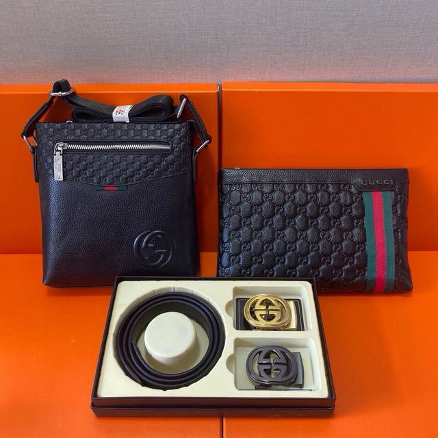 古驰gucci 头层皮质组合礼盒包装腰带俩款包包超级组合 公文包包是很实用的选择。手提包日常是非常适合的。 双扣皮带：头层皮质带身搭配3.5Cm广州原版扣头 尺