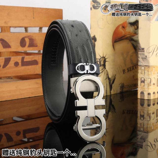 赚赠送如图纯钢钥匙扣一个..... 批 配全套专柜包装 品牌:菲拉格慕 原单品 扣头材质:精品钢扣 带身材质正面:38Mm宽度采用真正野生驼鸟皮整条皮带无接口自 赚赠送如图纯钢钥匙扣一个..... 批 配全套专柜包装 品牌:菲拉格慕 原单品 扣头材质:精品钢扣 带身材质正面:38Mm宽度采用真正野生驼鸟皮整条皮带无接口自