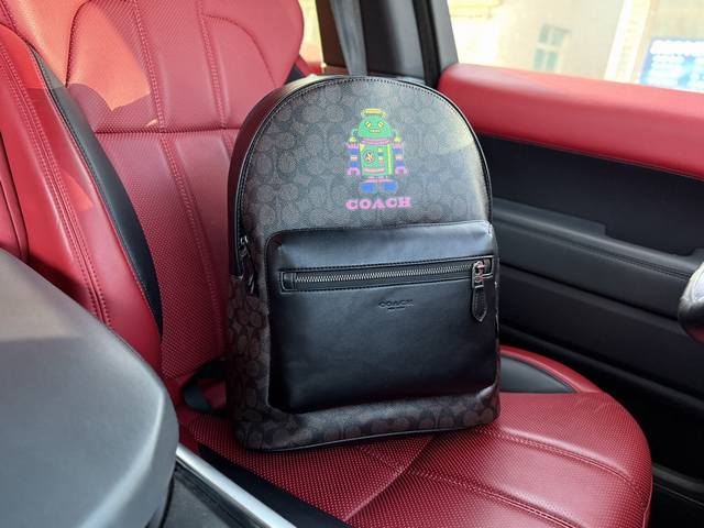 高端货 新款 “Coach 蔻驰”双肩包 Coach蔻驰升级版双肩包 Coach蔻驰 Cosmic Coach 32 品牌徽标机器人印花 涂层帆布 双肩包 大号