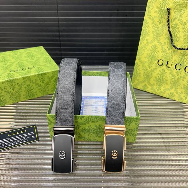Gucci 古奇 自动扣牛皮腰带 男士经典款皮带 时装搭配必备款 优质合金扣头 采用原厂牛皮带身 高品质全套包装 礼盒 礼袋 小票
