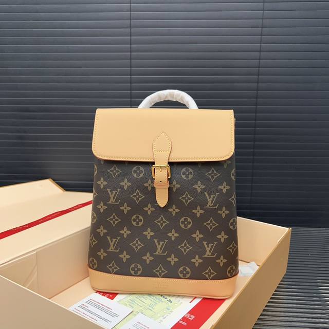 Louisvuitton 路易威登 中古牛皮双肩包 翻盖背包 书包 采用精湛镶嵌细工，经典百搭 实物拍摄 原厂原版面料 配送防尘袋礼盒 25 X 33 Cm。