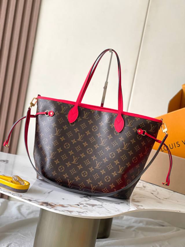 特级mb芯片版原厂皮 Neverfull Bandouliere Inside Out Gm手袋 型号：M12096红色荔枝纹动态芯片版 材料：A级全钢五金，进