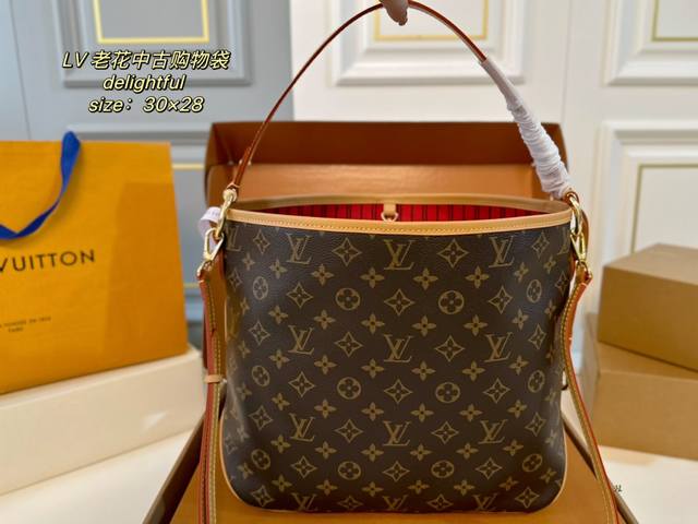 小号 折叠盒飞机盒 Size：30×28 Lv路易威登老花delightful 中古购物袋 慵懒随意范儿！宽肩带设计实在太爱啦！ 肩带足够宽，底部足够宽，容量足
