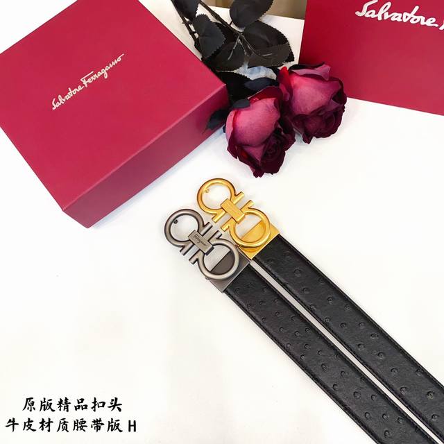 原版品质打孔 品牌：菲拉f家 男款 颜色：黑 扣头：金 银 扣头：原版精品纯铜五金扣头 带身：原版牛皮 尺寸：宽约：3.5Cm 长约：95Cm-125Cm 类别