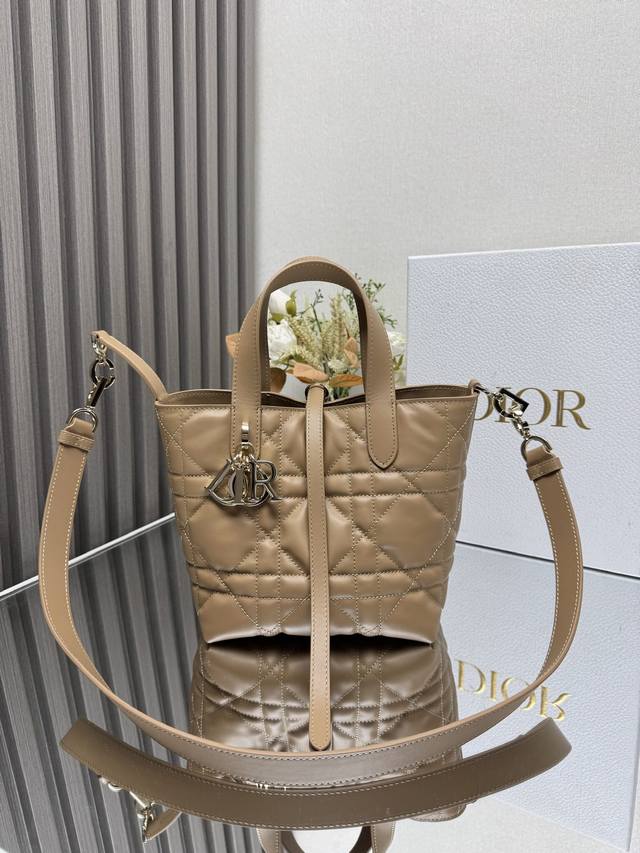 正品级 这款 Dior Toujours竖版手袋是二零二五早春成衣系列新品，时尚实用，别具一格。采用棕色牛皮革精心制作，饰以超大藤格纹缉面线，宽敞的内部隔层可收