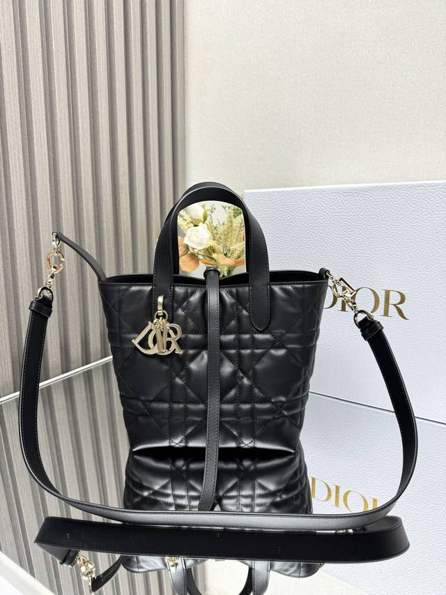 正品级 这款 Dior Toujours竖版手袋是二零二五早春成衣系列新品，时尚实用，别具一格。采用黑色牛皮革精心制作，饰以超大藤格纹缉面线，宽敞的内部隔层可收