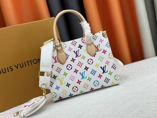 升级原版 M46373村上隆白三彩 黑三彩 本款Onthego 小号手袋拼合 Monogram 和 Monogram Reverse 帆布，Monogram G