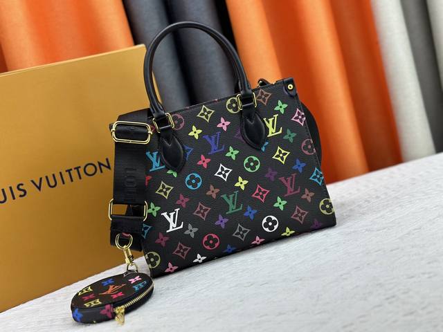 升级原版 M46373村上隆白三彩 黑三彩 本款Onthego 小号手袋拼合 Monogram 和 Monogram Reverse 帆布，Monogram G