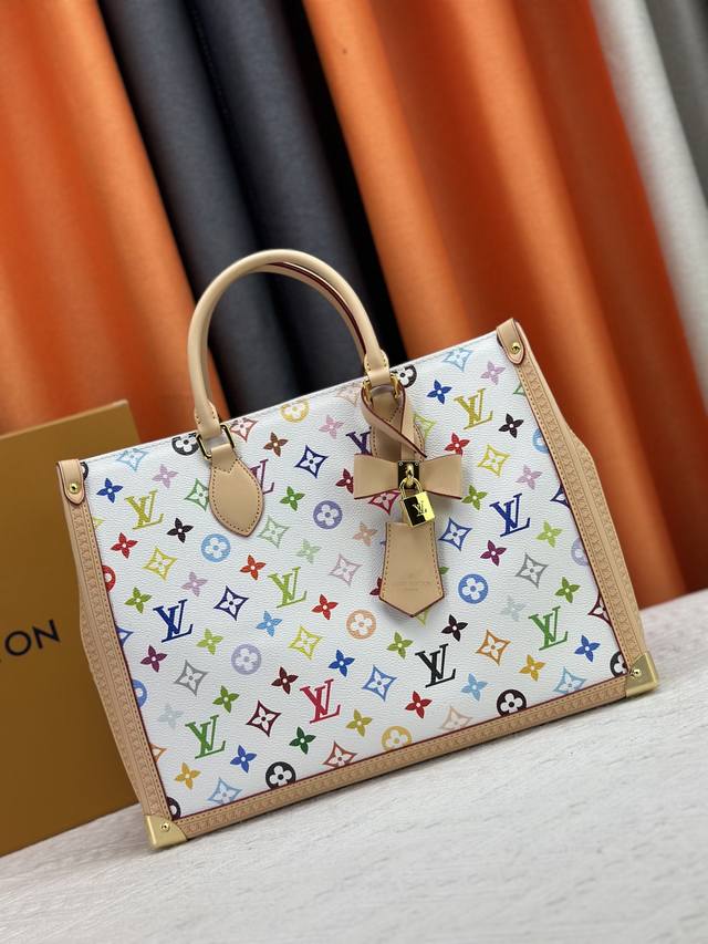 M13079 新款白三彩 Lv路易威登女士单肩包 村上隆联名 托特包 尺寸34