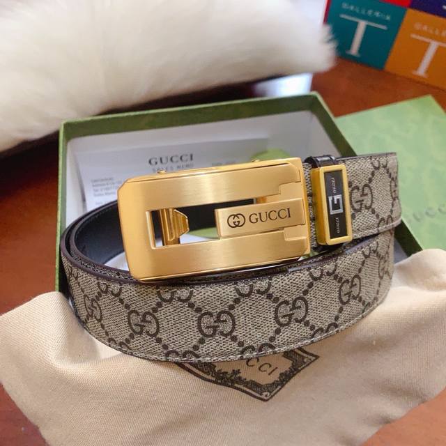 古奇正版同步配正版包装，高端品质原厂面料定制，进口头层牛皮底搭配，正版开模，镀钯纯钢自动扣 宽度3.4Cm 高清实拍大图 ，保质保量