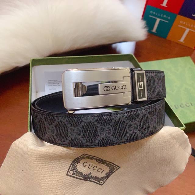 古奇正版同步配正版包装，高端品质原厂面料定制，进口头层牛皮底搭配，正版开模，镀钯纯钢自动扣 宽度3.4Cm 高清实拍大图 ，保质保量