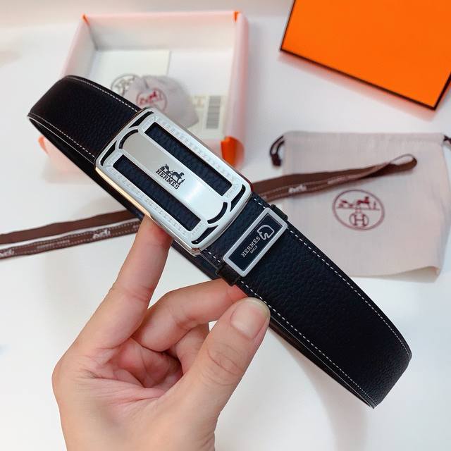 配正版包装，爱马仕正版同步，版型高档时尚，荔枝纹经典版型，原版皮带身，精细打磨纯钢五金扣件，， 制作工艺考究 宽度3.8Cm 高清实拍大图