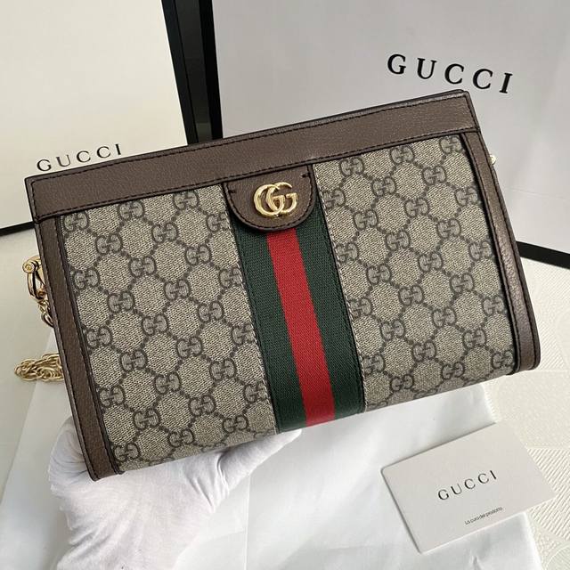 升级版实拍# 型号：503877 尺寸：26*17.5*8 Gg Ophidia系列夹子包 经典款 采用棕色皮革滚边金黄色双Gg五金 磁扣闭合.真丝衬里.有两个