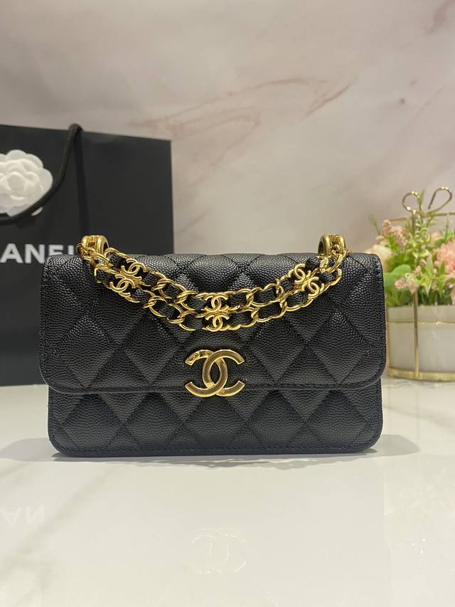 Chane1新品 22K 细球牛皮Woc 双C手机包 手提包 斜跨包 3021尺寸:17*10*3.5Cm