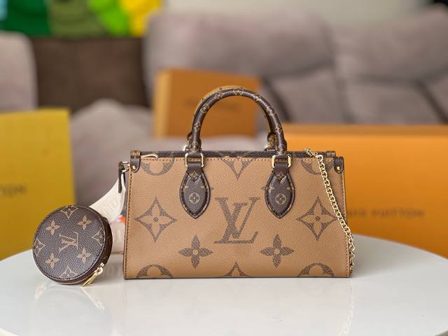 原厂皮型号：46653老花本款 Onthego 托特包融合 Giant Monogram 和 Monogram Reverse 帆布，焕新演绎 East Wes