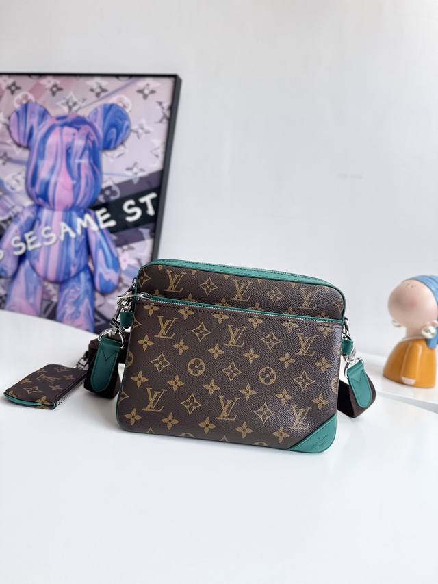 动态芯片配专柜包装』 海外原单M12766独家实拍！本款 Trio 邮差包取材 Monogram Macassar 涂层帆布，再以鲜亮牛皮革勾勒镶边等细节。主隔