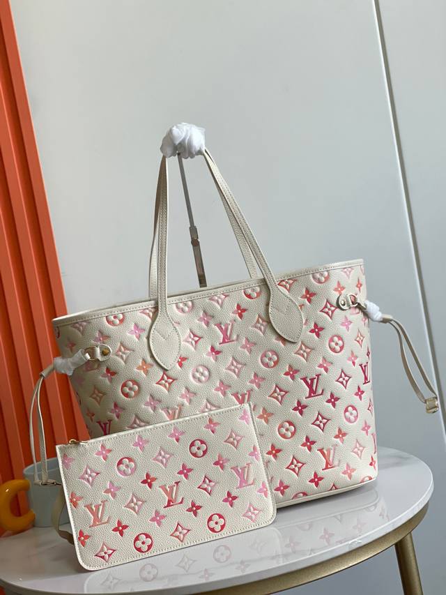 顶级原单，新款新色47080本款 Neverfull 中号托特包取材 Monogram Empreinte Sunrise Aquarelle 皮革，以印花工艺