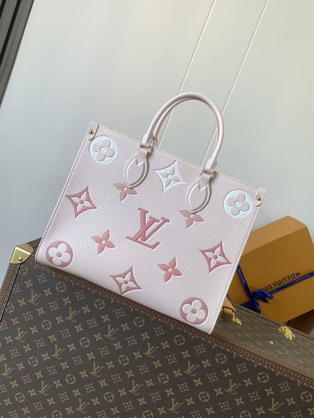 顶级原单，变码芯片 M45717香草黄 M45718天蓝色 M45719粉色 Onthego 中号 Tote 包将 Monogram 图案先印染后压印于柔软粒面