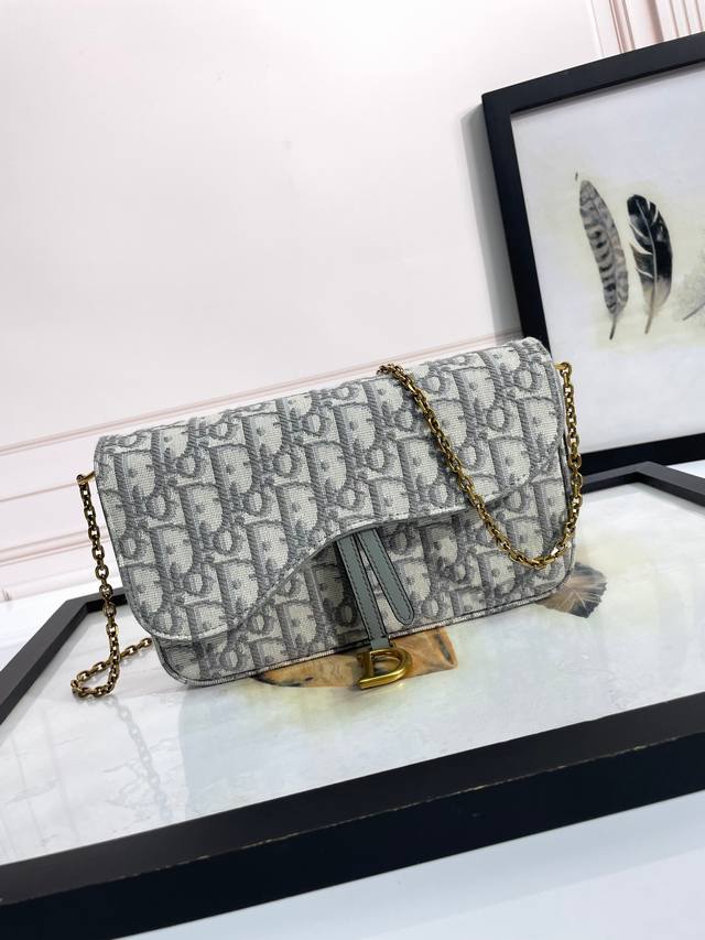 顶级 配全套包装 Dior马鞍链条手袋 这款马鞍链条手袋是二零二三秋冬成衣系列新品，线条流畅协调，实用而时尚。采用灰色 Oblique 印花面料精心制作，搭配不